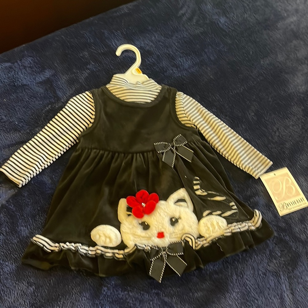 NWT Bonnie Baby onesie with dress.  Cute fuzzy kitten on front of black dress.